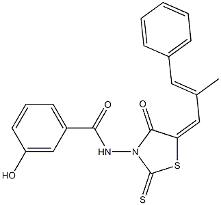 3-hydroxy-N-[5-(2-methyl-3-phenyl-2-propenylidene)-4-oxo-2-thioxo-1,3-thiazolidin-3-yl]benzamide Struktur