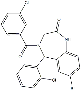 7-bromo-4-(3-chlorobenzoyl)-5-(2-chlorophenyl)-1,3,4,5-tetrahydro-2H-1,4-benzodiazepin-2-one 化学構造式