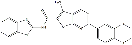 3-amino-N-(1,3-benzothiazol-2-yl)-6-(3,4-dimethoxyphenyl)thieno[2,3-b]pyridine-2-carboxamide 化学構造式