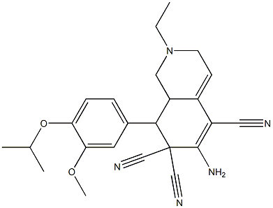 6-amino-2-ethyl-8-(4-isopropoxy-3-methoxyphenyl)-2,3,8,8a-tetrahydro-5,7,7(1H)-isoquinolinetricarbonitrile 结构式