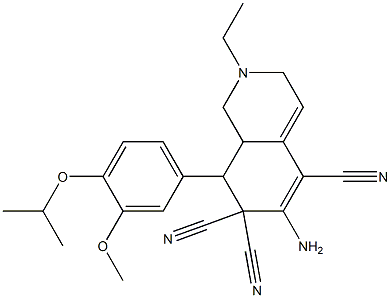 6-amino-2-ethyl-8-(4-isopropoxy-3-methoxyphenyl)-2,3,8,8a-tetrahydro-5,7,7(1H)-isoquinolinetricarbonitrile 化学構造式