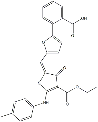 2-{5-[(4-(ethoxycarbonyl)-3-oxo-5-(4-toluidino)-2(3H)-thienylidene)methyl]-2-furyl}benzoic acid Structure