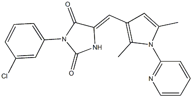 3-(3-chlorophenyl)-5-{[2,5-dimethyl-1-(2-pyridinyl)-1H-pyrrol-3-yl]methylene}-2,4-imidazolidinedione,,结构式