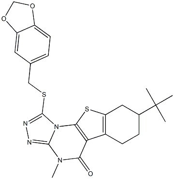 1-[(1,3-benzodioxol-5-ylmethyl)sulfanyl]-8-tert-butyl-4-methyl-6,7,8,9-tetrahydro[1]benzothieno[3,2-e][1,2,4]triazolo[4,3-a]pyrimidin-5(4H)-one 化学構造式
