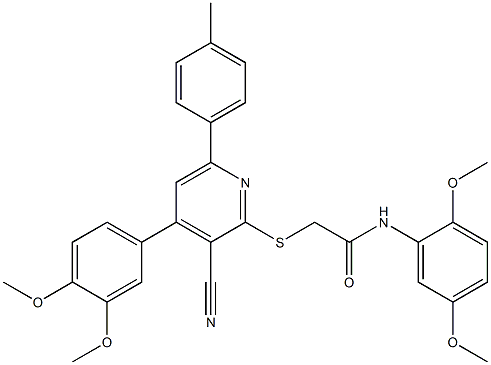 2-{[3-cyano-4-(3,4-dimethoxyphenyl)-6-(4-methylphenyl)-2-pyridinyl]sulfanyl}-N-(2,5-dimethoxyphenyl)acetamide Structure