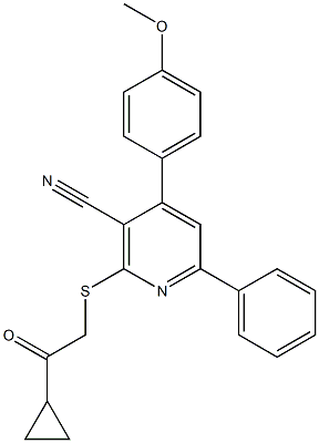 2-[(2-cyclopropyl-2-oxoethyl)sulfanyl]-4-(4-methoxyphenyl)-6-phenylnicotinonitrile Struktur