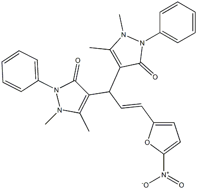 4-(1-(1,5-dimethyl-3-oxo-2-phenyl-2,3-dihydro-1H-pyrazol-4-yl)-3-{5-nitro-2-furyl}-2-propenyl)-1,5-dimethyl-2-phenyl-1,2-dihydro-3H-pyrazol-3-one,,结构式