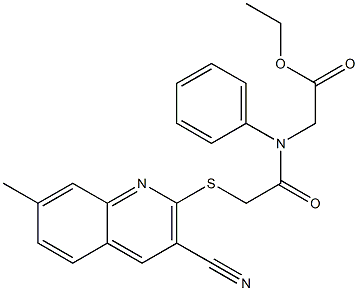 ethyl ({[(3-cyano-7-methyl-2-quinolinyl)sulfanyl]acetyl}anilino)acetate 化学構造式