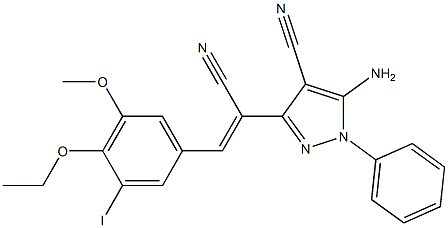 5-amino-3-[1-cyano-2-(4-ethoxy-3-iodo-5-methoxyphenyl)vinyl]-1-phenyl-1H-pyrazole-4-carbonitrile,,结构式