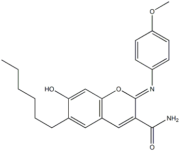 6-hexyl-7-hydroxy-2-[(4-methoxyphenyl)imino]-2H-chromene-3-carboxamide 结构式
