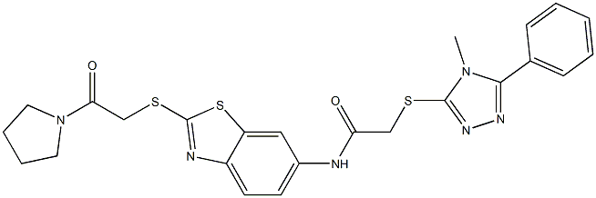 2-[(4-methyl-5-phenyl-4H-1,2,4-triazol-3-yl)sulfanyl]-N-(2-{[2-oxo-2-(1-pyrrolidinyl)ethyl]sulfanyl}-1,3-benzothiazol-6-yl)acetamide Structure