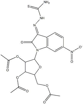 4-(acetyloxy)-2-[(acetyloxy)methyl]-5-{3-[(aminocarbothioyl)hydrazono]-6-nitro-2-oxo-2,3-dihydro-1H-indol-1-yl}tetrahydro-3-furanyl acetate Struktur