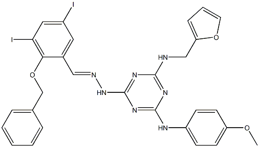2-(benzyloxy)-3,5-diiodobenzaldehyde [4-[(2-furylmethyl)amino]-6-(4-methoxyanilino)-1,3,5-triazin-2-yl]hydrazone Struktur