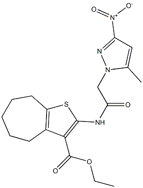 ethyl 2-[({3-nitro-5-methyl-1H-pyrazol-1-yl}acetyl)amino]-5,6,7,8-tetrahydro-4H-cyclohepta[b]thiophene-3-carboxylate,,结构式