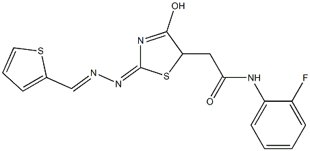 N-(2-fluorophenyl)-2-{4-hydroxy-2-[(2-thienylmethylene)hydrazono]-2,5-dihydro-1,3-thiazol-5-yl}acetamide Struktur