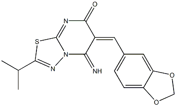 6-(1,3-benzodioxol-5-ylmethylene)-5-imino-2-isopropyl-5,6-dihydro-7H-[1,3,4]thiadiazolo[3,2-a]pyrimidin-7-one Structure