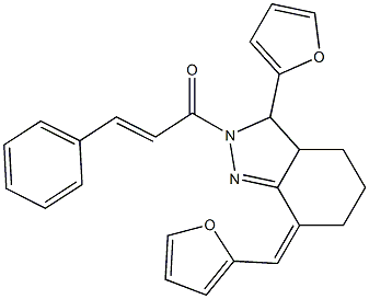 2-cinnamoyl-3-(2-furyl)-7-(2-furylmethylene)-3,3a,4,5,6,7-hexahydro-2H-indazole 化学構造式