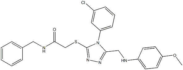 N-benzyl-2-({4-(3-chlorophenyl)-5-[(4-methoxyanilino)methyl]-4H-1,2,4-triazol-3-yl}sulfanyl)acetamide 化学構造式