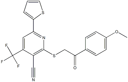2-{[2-(4-methoxyphenyl)-2-oxoethyl]sulfanyl}-6-(2-thienyl)-4-(trifluoromethyl)nicotinonitrile Struktur