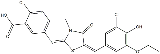 2-chloro-5-{[5-(3-chloro-5-ethoxy-4-hydroxybenzylidene)-3-methyl-4-oxo-1,3-thiazolidin-2-ylidene]amino}benzoic acid 化学構造式