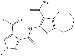 N-[3-(aminocarbonyl)-5,6,7,8-tetrahydro-4H-cyclohepta[b]thien-2-yl]-4-nitro-1-methyl-1H-pyrazole-3-carboxamide Struktur