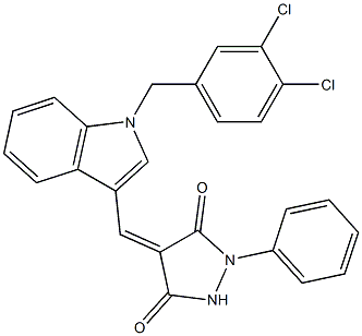 4-{[1-(3,4-dichlorobenzyl)-1H-indol-3-yl]methylene}-1-phenyl-3,5-pyrazolidinedione 化学構造式
