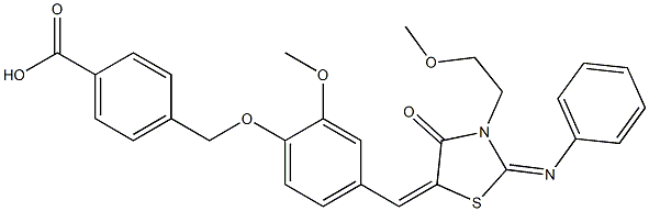 4-[(2-methoxy-4-{[3-(2-methoxyethyl)-4-oxo-2-(phenylimino)-1,3-thiazolidin-5-ylidene]methyl}phenoxy)methyl]benzoic acid 化学構造式