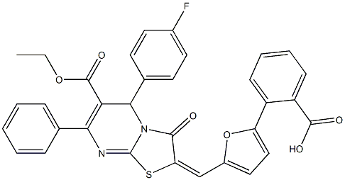 2-{5-[(6-(ethoxycarbonyl)-5-(4-fluorophenyl)-3-oxo-7-phenyl-5H-[1,3]thiazolo[3,2-a]pyrimidin-2(3H)-ylidene)methyl]-2-furyl}benzoic acid Structure