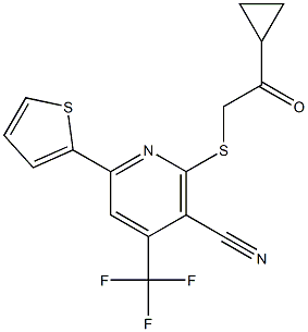 2-[(2-cyclopropyl-2-oxoethyl)sulfanyl]-6-(2-thienyl)-4-(trifluoromethyl)nicotinonitrile Struktur
