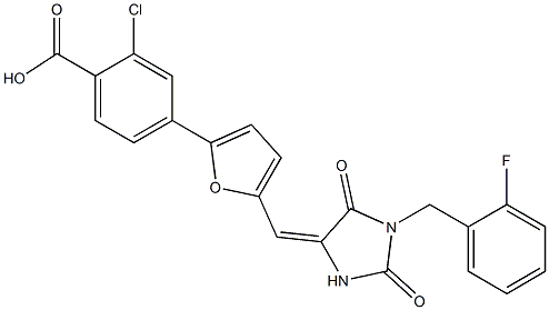2-chloro-4-(5-{[1-(2-fluorobenzyl)-2,5-dioxo-4-imidazolidinylidene]methyl}-2-furyl)benzoic acid Structure