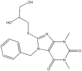 7-benzyl-8-[(2,3-dihydroxypropyl)thio]-1,3-dimethyl-3,7-dihydro-1H-purine-2,6-dione,,结构式