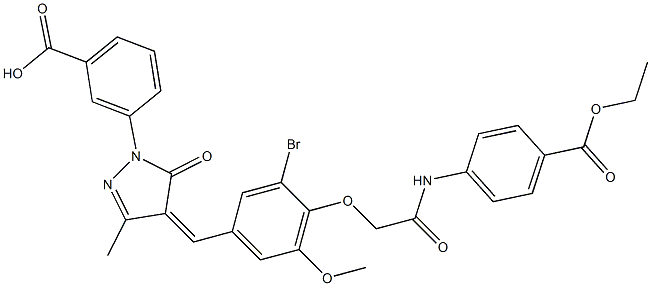 3-[4-(3-bromo-4-{2-[4-(ethoxycarbonyl)anilino]-2-oxoethoxy}-5-methoxybenzylidene)-3-methyl-5-oxo-4,5-dihydro-1H-pyrazol-1-yl]benzoic acid,,结构式