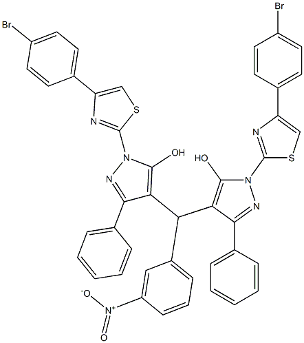 1-[4-(4-bromophenyl)-1,3-thiazol-2-yl]-4-[{1-[4-(4-bromophenyl)-1,3-thiazol-2-yl]-5-hydroxy-3-phenyl-1H-pyrazol-4-yl}(3-nitrophenyl)methyl]-3-phenyl-1H-pyrazol-5-ol 化学構造式