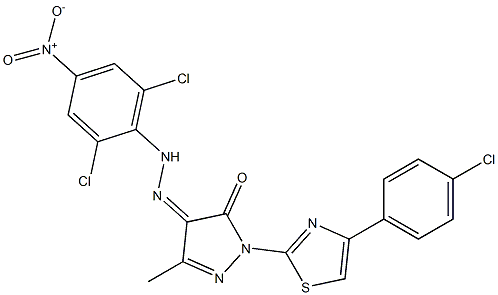 1-[4-(4-chlorophenyl)-1,3-thiazol-2-yl]-3-methyl-1H-pyrazole-4,5-dione 4-[N-(2,6-dichloro-4-nitrophenyl)hydrazone] 化学構造式