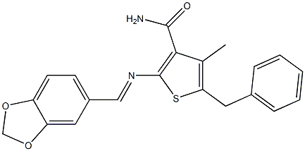 2-{[(E)-1,3-benzodioxol-5-ylmethylidene]amino}-5-benzyl-4-methyl-3-thiophenecarboxamide 结构式