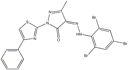 3-methyl-1-(4-phenyl-1,3-thiazol-2-yl)-1H-pyrazole-4,5-dione 4-[N-(2,4,6-tribromophenyl)hydrazone],,结构式