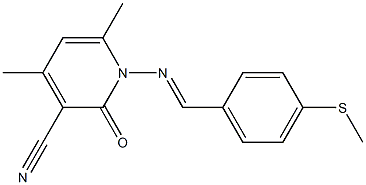 4,6-dimethyl-1-({(E)-[4-(methylsulfanyl)phenyl]methylidene}amino)-2-oxo-1,2-dihydro-3-pyridinecarbonitrile 化学構造式