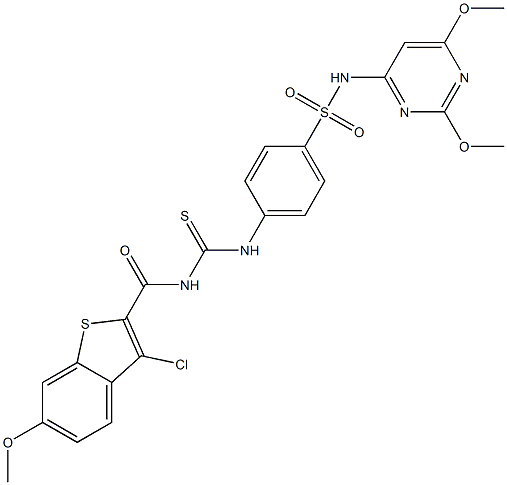 4-[({[(3-chloro-6-methoxy-1-benzothiophen-2-yl)carbonyl]amino}carbothioyl)amino]-N-(2,6-dimethoxy-4-pyrimidinyl)benzenesulfonamide,,结构式