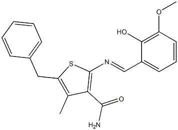 5-benzyl-2-{[(E)-(2-hydroxy-3-methoxyphenyl)methylidene]amino}-4-methyl-3-thiophenecarboxamide 化学構造式