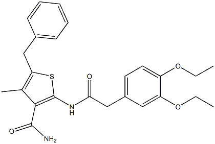 5-benzyl-2-{[2-(3,4-diethoxyphenyl)acetyl]amino}-4-methyl-3-thiophenecarboxamide Struktur