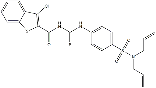 N,N-diallyl-4-[({[(3-chloro-1-benzothiophen-2-yl)carbonyl]amino}carbothioyl)amino]benzenesulfonamide 化学構造式