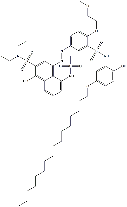 N-(2-ヒドロキシ-4-メチル-5-ヘキサデシルオキシフェニル)-2-(2-メトキシエトキシ)-5-(4-ヒドロキシ-3-ジエチルアミノスルホニル-8-メチルスルホニルアミノ-1-ナフチルアゾ)ベンゼンスルホンアミド 化学構造式