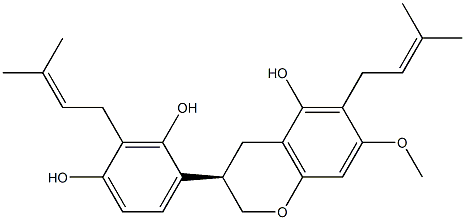 4-[(R)-5-ヒドロキシ-7-メトキシ-6-(3-メチル-2-ブテニル)クロマン-3-イル]-2-(3-メチル-2-ブテニル)-1,3-ベンゼンジオール 化学構造式