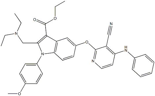 1-(4-メトキシフェニル)-2-[(ジエチルアミノ)メチル]-5-[3-シアノ-4-(フェニルアミノ)ピリジン-2-イルオキシ]-1H-インドール-3-カルボン酸エチル 化学構造式
