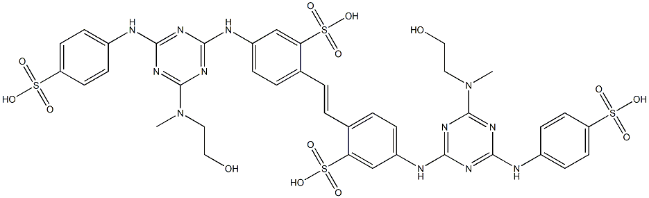 2,2'-(1,2-Ethenediyl)bis[5-[[4-[(2-hydroxyethyl)methylamino]-6-[(4-sulfophenyl)amino]-1,3,5-triazin-2-yl]amino]benzenesulfonic acid],,结构式