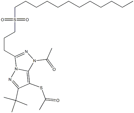 Thioacetic acid S-[1-acetyl-6-(1,1-dimethylethyl)-3-[3-[(dodecyl)sulfonyl]propyl]-1H-pyrazolo[5,1-c]-1,2,4-triazol-7-yl] ester Structure
