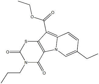 3,4-Dihydro-2,4-dioxo-3-propyl-7-ethyl-2H-1,3-thiazino[6,5-b]indolizine-10-carboxylic acid ethyl ester Struktur