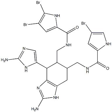 N-{[2-アミノ-4-(2-アミノ-1H-イミダゾール-5-イル)-6-{[(4-ブロモ-1H-ピロール-2-イル)ホルムアミド]メチル}-4,5,6,7-テトラヒドロ-1H-1,3-ベンゾジアゾール-5-イル]メチル}-4,5-ジブロモ-1H-ピロール-2-カルボキサミド 化学構造式