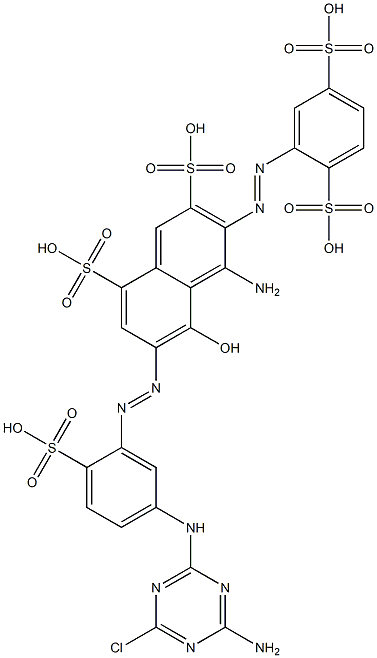 1-アミノ-2-(2,5-ジスルホフェニルアゾ)-8-ヒドロキシ-7-[2-スルホ-5-(2-クロロ-4-アミノ-1,3,5-トリアジン-6-イルアミノ)フェニルアゾ]-3,5-ナフタレンジスルホン酸 化学構造式