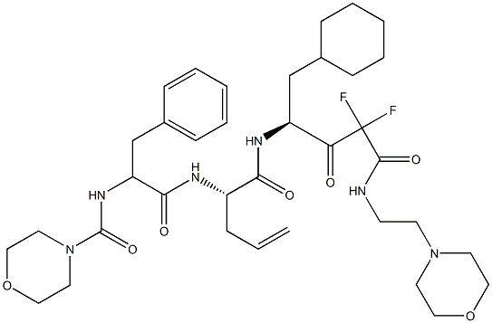 (4S)-4-[[(2S)-2-[2-(モルホリノカルボニル)アミノ-3-フェニルプロパノイルアミノ]-4-ペンテノイル]アミノ]-5-シクロヘキシル-2,2-ジフルオロ-3-オキソ-N-(2-モルホリノエチル)ペンタンアミド 化学構造式